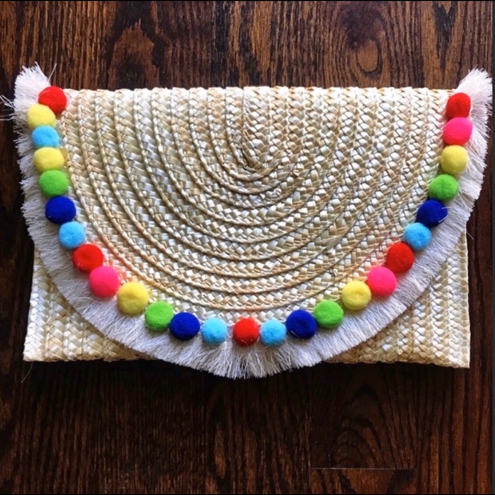 New #Straw Fringe Pom Pom Clutch - Picture 1 of 8